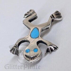 Vintage Sterling Silver Turquoise Inlay Frog Pin